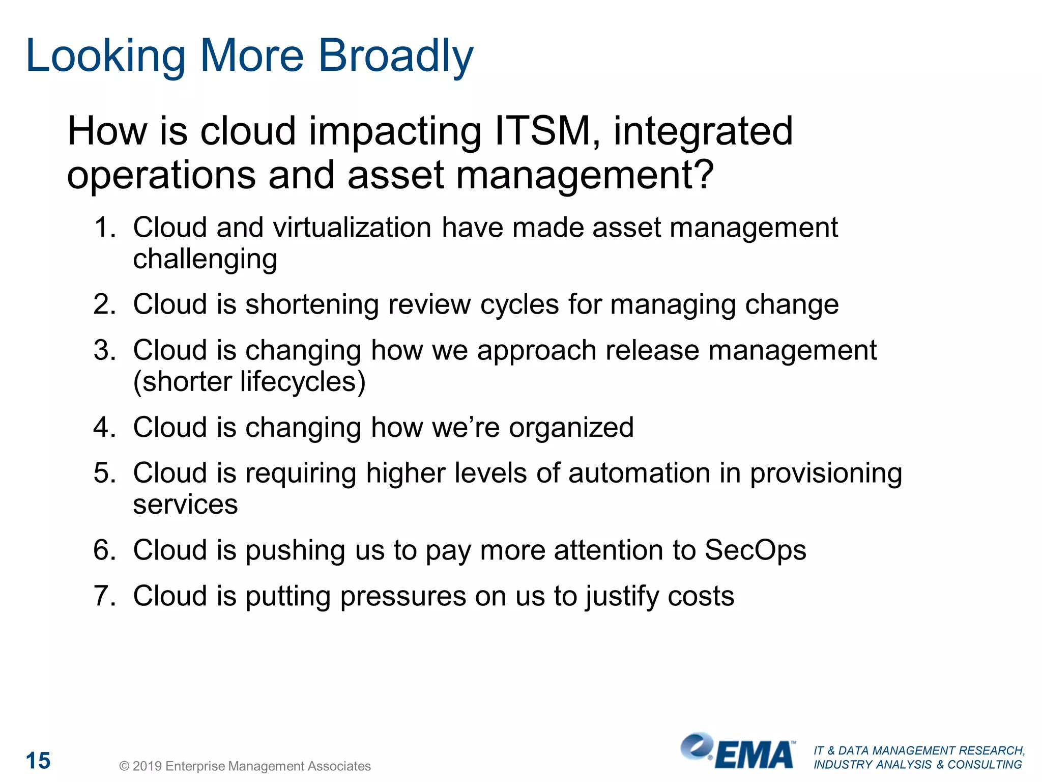 IT & DATA MANAGEMENT RESEARCH,
INDUSTRY ANALYSIS & CONSULTING15 © 2019 Enterprise Management Associates
Looking More Broadly
How is cloud impacting ITSM, integrated
operations and asset management?
1. Cloud and virtualization have made asset management
challenging
2. Cloud is shortening review cycles for managing change
3. Cloud is changing how we approach release management
(shorter lifecycles)
4. Cloud is changing how we’re organized
5. Cloud is requiring higher levels of automation in provisioning
services
6. Cloud is pushing us to pay more attention to SecOps
7. Cloud is putting pressures on us to justify costs
 