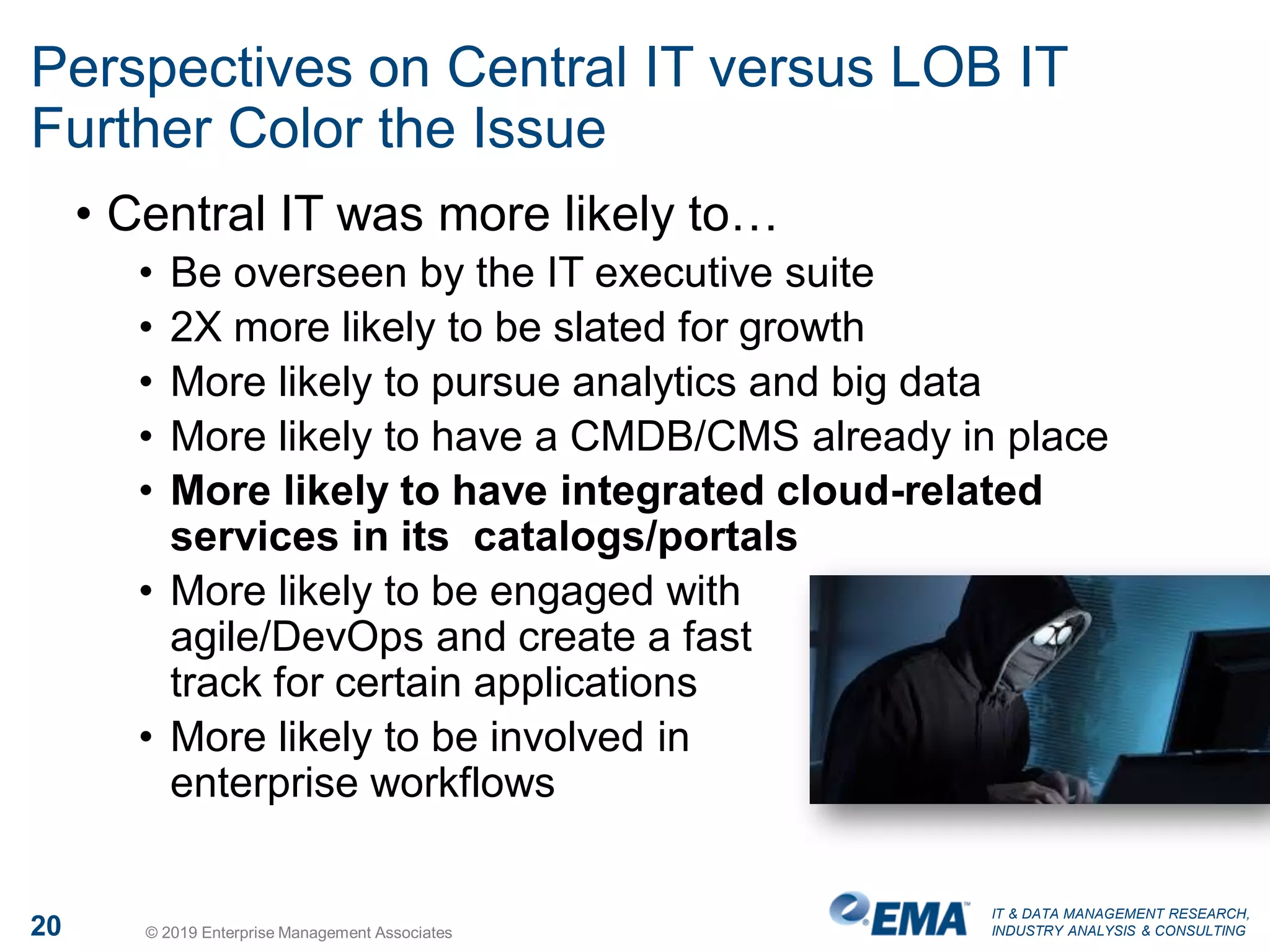 IT & DATA MANAGEMENT RESEARCH,
INDUSTRY ANALYSIS & CONSULTING20 © 2019 Enterprise Management Associates
Perspectives on Central IT versus LOB IT
Further Color the Issue
• Central IT was more likely to…
• Be overseen by the IT executive suite
• 2X more likely to be slated for growth
• More likely to pursue analytics and big data
• More likely to have a CMDB/CMS already in place
• More likely to have integrated cloud-related
services in its catalogs/portals
• More likely to be engaged with
agile/DevOps and create a fast
track for certain applications
• More likely to be involved in
enterprise workflows
 