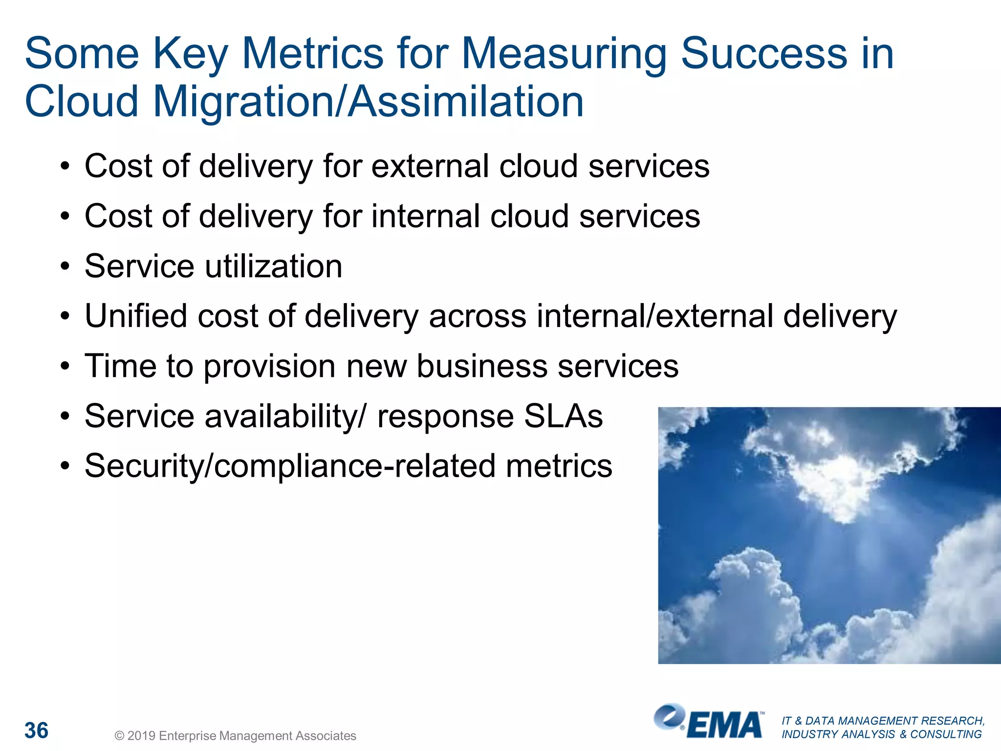 IT & DATA MANAGEMENT RESEARCH,
INDUSTRY ANALYSIS & CONSULTING36 © 2019 Enterprise Management Associates
Some Key Metrics for Measuring Success in
Cloud Migration/Assimilation
• Cost of delivery for external cloud services
• Cost of delivery for internal cloud services
• Service utilization
• Unified cost of delivery across internal/external delivery
• Time to provision new business services
• Service availability/ response SLAs
• Security/compliance-related metrics
 
