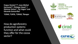 How do agroforestry
production systems
function and what could
they offer for the cocoa
sector?
Fergus Sinclair1,2,4, Jean-Michel
Harmand1,3, Philippe Vaast1, 3,
Dietmar Stoian1 , Tor Vagen1 and
Eduardo Somarriba2
1ICRAF, 2CATIE, 3CIRAD, 4Bangor
 