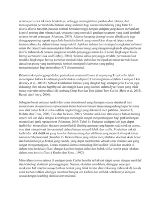 selama peristiwa tektonik berikutnya, sehingga meningkatkan patahan dan retakan, dan
meningkatkan permeabilitas batuan inang sedimen bagi cairan mineralizing yang baru. Di
distrik-distrik tersebut, patahan normal bersudut tinggi dengan sadapan yang dalam merupakan
kontrol penting dari mineralisasi, terutama yang mewakili patahan basement yang aktif kembali
selama inversi cekungan (Muntean, 2003). Adanya lempeng dorong batuan silisiklastik juga
dianggap penting seperti aquaclude berskala distrik yang menaikkan dispersi lateral cairan
termineralisasi ke dalam batuan inang reaktif. Aplikasi terbaru dari stratigrafi rangkaian karbonat
untuk the Great Basin menunjukkan bahwa batuan inang yang menguntungkan di sebagian besar
distrik terbentuk di batasan rangkaian rendah-penyangga urutan ke-3 dalam lingkungan fasies
lereng karbonat (Cook and Corboy, 2004). Selama siklus penyangga rendah (permukaan laut
rendah), lingkungan lereng karbonat menjadi tidak stabil dan melepaskan urutan turbidit kasar
dan aliran puing yang membentuk horison stratigrafis karbonat yang paling
menguntungkan bagi mineralisasi CT disseminated.
Rekonstruksi paleogeografi dari permukaan erosional Eosen di sepanjang Tren Carlin telah
menetapkan bahwa kedalaman pembentukan endapan CT kemungkinan sedalam 1 sampai 3 km
(Hickey et al., 2005b). Sebuah kedalaman formasi yang dangkal bagi endapan jenis Carlin juga
didukung oleh tekstur hypabyssal dan margin kaca yang diamati dalam dyke Eosen yang telah
meng-overprint mineralisasi di tambang Deep Star dan Dee dalam Tren Carlin (Heitt et al, 2003;.
Ressel dan Henry, 2006).
Sebagian besar endapan terdiri dari zona stratabound yang diumpan secara struktural dari
mineralisasi disseminated-replacement dalam horison batuan lanau mengandung kapur tertentu
atau dari badan breksi silika-sulfida tingkat tinggi yang dikontrol oleh patahan (Gambar 8;
Hofstra dan Cline, 2000; Teal dan Jackson, 2002). Struktur antiklinal dan adanya batuan tudung
seperti sill dan dyke dengan kemiringan menengah sangat menguntungkan bagi perkembangan
mineralisasi jenis replacement (Muntean, 2003; Tabel 1). Endapan-endapan lain juga dapat
terdiri dari mineralisasi fracture-controlled di dinding gantung yang hancur pada struktur utama,
atau dari mineralisasi disseminated dalam batuan intrusif felsik dan mafik. Perubahan terkait
terdiri dari dekalsifikasi yang luas dari batuan inang dan silifikasi yang memiliki banyak tahap
namun lebih proksimal (Gambar 9). Dekalsifikasi yang intens menyebabkan disolusi skala besar
dan berkembangnya breksi yang runtuh, yang dapat membentuk sebuah situs mineralisasi yang
sangat menguntungkan. Zonasi mineral alterasi mencakup ilit+kaolinit+dikit dan smektit di
dalam zona terdekalsifikasi dengan kaolinit tingkat akhir dan bubuk silika+zeolit pada rekahan
dalam zona tersilisifikasi ( Kuehn dan Rose , 1992)
Mineralisasi emas primer di endapan jenis Carlin bersifat refraktori tetapi sesuai dengan autoklaf
dan teknologi ekstraksi pemanggangan. Namun, oksidasi mendalam, dianggap supergen
meskipun hal tersebut menyebabkan bentuk yang tidak teratur dan terkadang terbentuk di bawah
zona karbon/sulfida sehingga membuat banyak ore karbon dan sulfidik sebelumnya menjadi
sesuai dengan leaching sianida konvensional.
 