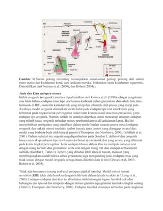 Gambar 1: Skema potong melintang menunjukkan unsur-unsur geologi penting dari sistem
emas utama dan kedalaman kerak dari landasan mereka. Perhatikan skala kedalaman logaritmik.
Dimodifikasi dari Poulsen et al. (2000), dan Robert (2004a).
Jenis dan klan endapan utama
Istilah orogenic (orogenik) awalnya diperkenalkan oleh Groves et al. (1998) sebagai pengakuan
atas fakta bahwa endapan emas tipe urat kuarsa-karbonat dalam greenstone dan sabuk batu tulis,
termasuk di BIF, memiliki karakteristik yang mirip dan dibentuk oleh proses yang mirip pula.
Awalnya, model orogenik diterapkan secara ketat pada endapan tipe urat sintektonik yang
terbentuk pada tingkat kerak pertengahan dalam latar kompresional atau transpressional, yaitu
endapan syn-orogenik. Namun, istilah ini semakin diperluas untuk mencakup endapan-endapan
yang relatif pasca-orogenik terhadap proses pembentukannya di kedalaman kerak. Hal ini
menyebabkan ambiguitas yang signifikan dalam pendefinisian batasan antara model endapan
orogenik dan terkait intrusi tereduksi akibat banyak jenis contoh yang dianggap berasal dari
model yang berbeda-beda oleh banyak penulis (Thompson dan Newberry, 2000;. Goldfarb et al,
2001). Dalam makalah ini, seperti yang digambarkan pada Gambar 1, definisi klan orogenik
hanya mencakup endapan tipe urat kuarsa-karbonat syn-tektonik dan yang setara, yang dibentuk
pada kerak tingkat pertengahan. Jenis endapan khusus dalam klan ini meliputi endapan urat
dengan inang turbidit dan greenstone, serta urat dengan inang BIF dan endapan replacement
sulfidik (Gambar 1, Tabel 1). Seperti yang dibahas lebih rinci di bawah, masalah yang
membingungkan adalah bahwa sabuk greenstone juga mengandung jenis endapan emas yang
tidak sesuai dengan model orogenik sebagaimana didefinisikan di sini (Groves et al, 2003;..
Robert et al, 2005).
Tidak ada konsensus tentang asal-usul endapan atipikal tersebut. Model terkait intrusi
tereduksi (RIR) telah didefinisikan dengan lebih baik dalam dekade terakhir (cf. Lang et al.,
2000). Endapan-endapan dari klan ini dibedakan oleh hubungan logam Au-Bi-Te-As dan
hubungan erat spasial dan temporal dengan intrusi granitik equigranular tereduksi tingkat sedang
(Tabel 1; Thompson dan Newberry, 2000). Endapan tersebut utamanya terbentuk pada rangkaian
 