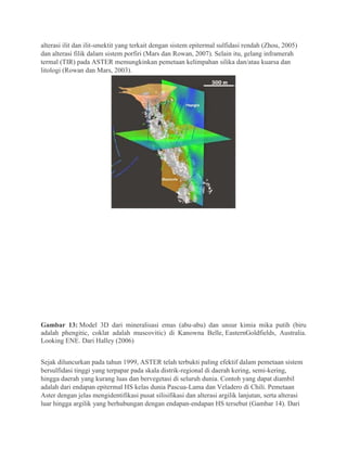 alterasi ilit dan ilit-smektit yang terkait dengan sistem epitermal sulfidasi rendah (Zhou, 2005)
dan alterasi filik dalam sistem porfiri (Mars dan Rowan, 2007). Selain itu, gelang inframerah
termal (TIR) pada ASTER memungkinkan pemetaan kelimpahan silika dan/atau kuarsa dan
litologi (Rowan dan Mars, 2003).
Gambar 13: Model 3D dari mineralisasi emas (abu-abu) dan unsur kimia mika putih (biru
adalah phengitic, coklat adalah muscovitic) di Kanowna Belle, EasternGoldfields, Australia.
Looking ENE. Dari Halley (2006)
Sejak diluncurkan pada tahun 1999, ASTER telah terbukti paling efektif dalam pemetaan sistem
bersulfidasi tinggi yang terpapar pada skala distrik-regional di daerah kering, semi-kering,
hingga daerah yang kurang luas dan bervegetasi di seluruh dunia. Contoh yang dapat diambil
adalah dari endapan epitermal HS kelas dunia Pascua-Lama dan Veladero di Chili. Pemetaan
Aster dengan jelas mengidentifikasi pusat silisifikasi dan alterasi argilik lanjutan, serta alterasi
luar hingga argilik yang berhubungan dengan endapan-endapan HS tersebut (Gambar 14). Dari
 