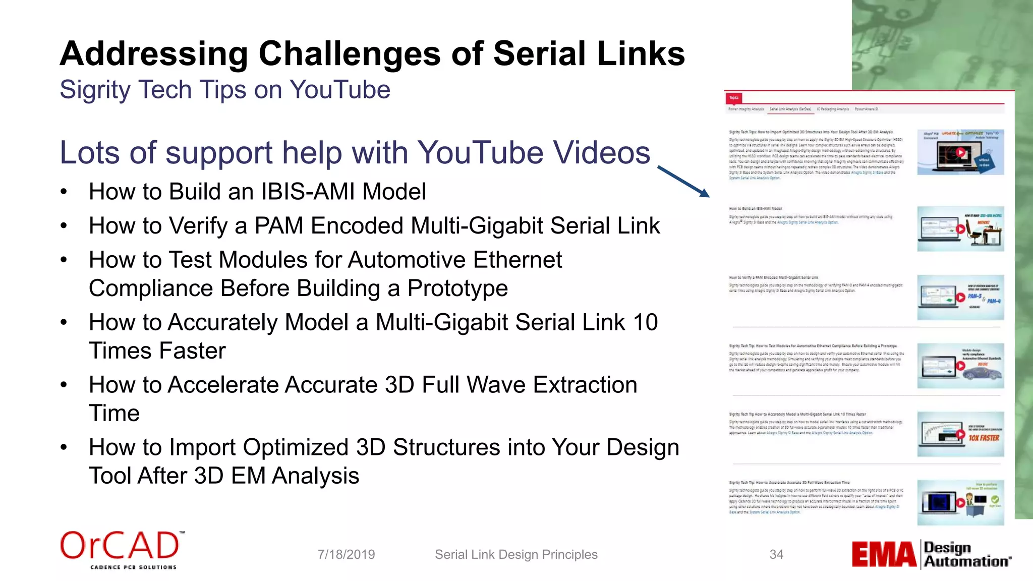 34
Lots of support help with YouTube Videos
• How to Build an IBIS-AMI Model
• How to Verify a PAM Encoded Multi-Gigabit Serial Link
• How to Test Modules for Automotive Ethernet
Compliance Before Building a Prototype
• How to Accurately Model a Multi-Gigabit Serial Link 10
Times Faster
• How to Accelerate Accurate 3D Full Wave Extraction
Time
• How to Import Optimized 3D Structures into Your Design
Tool After 3D EM Analysis
Addressing Challenges of Serial Links
Sigrity Tech Tips on YouTube
Serial Link Design Principles7/18/2019