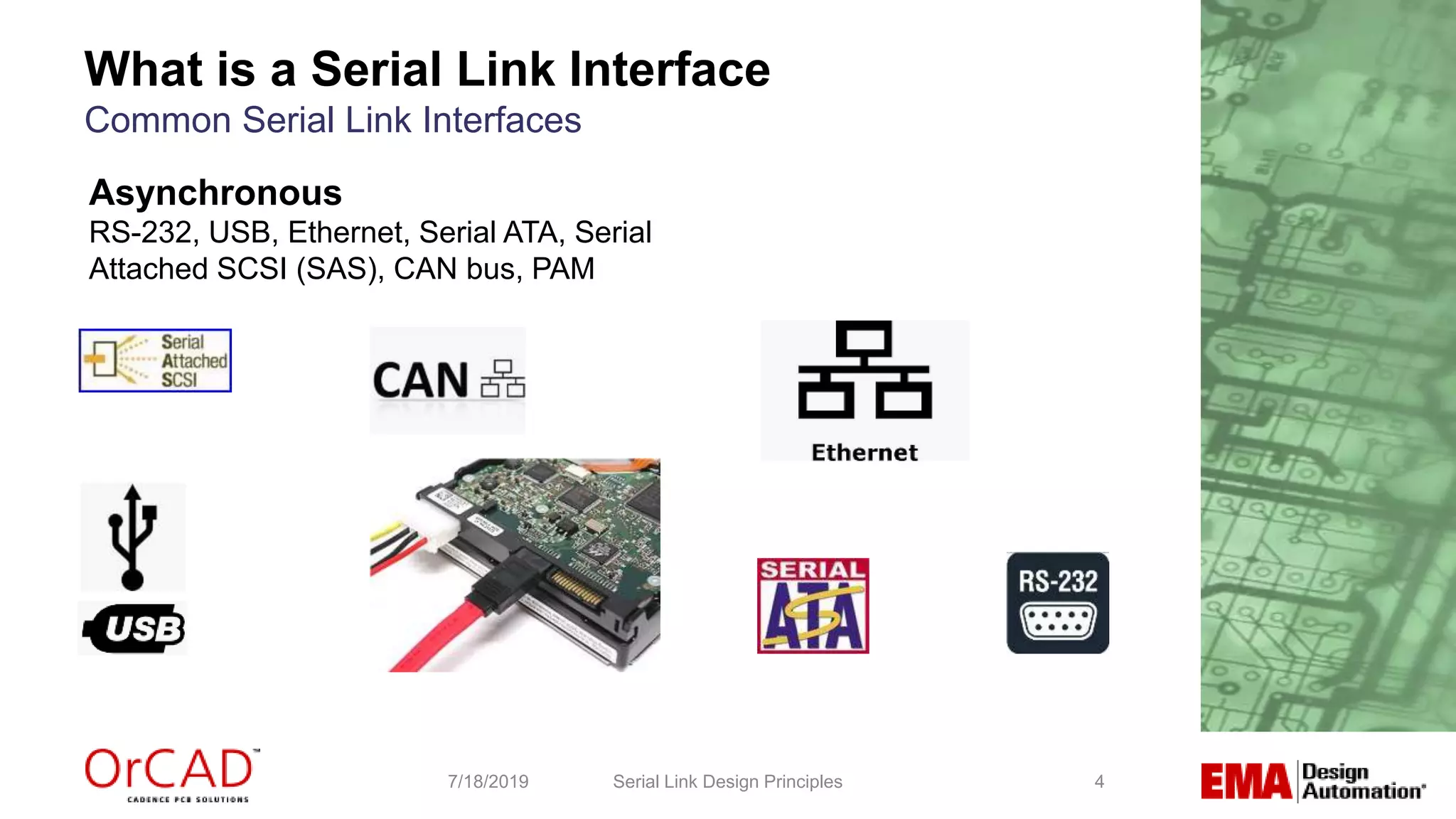 4
Asynchronous
RS-232, USB, Ethernet, Serial ATA, Serial
Attached SCSI (SAS), CAN bus, PAM
Serial Link Design Principles7/18/2019
What is a Serial Link Interface
Common Serial Link Interfaces