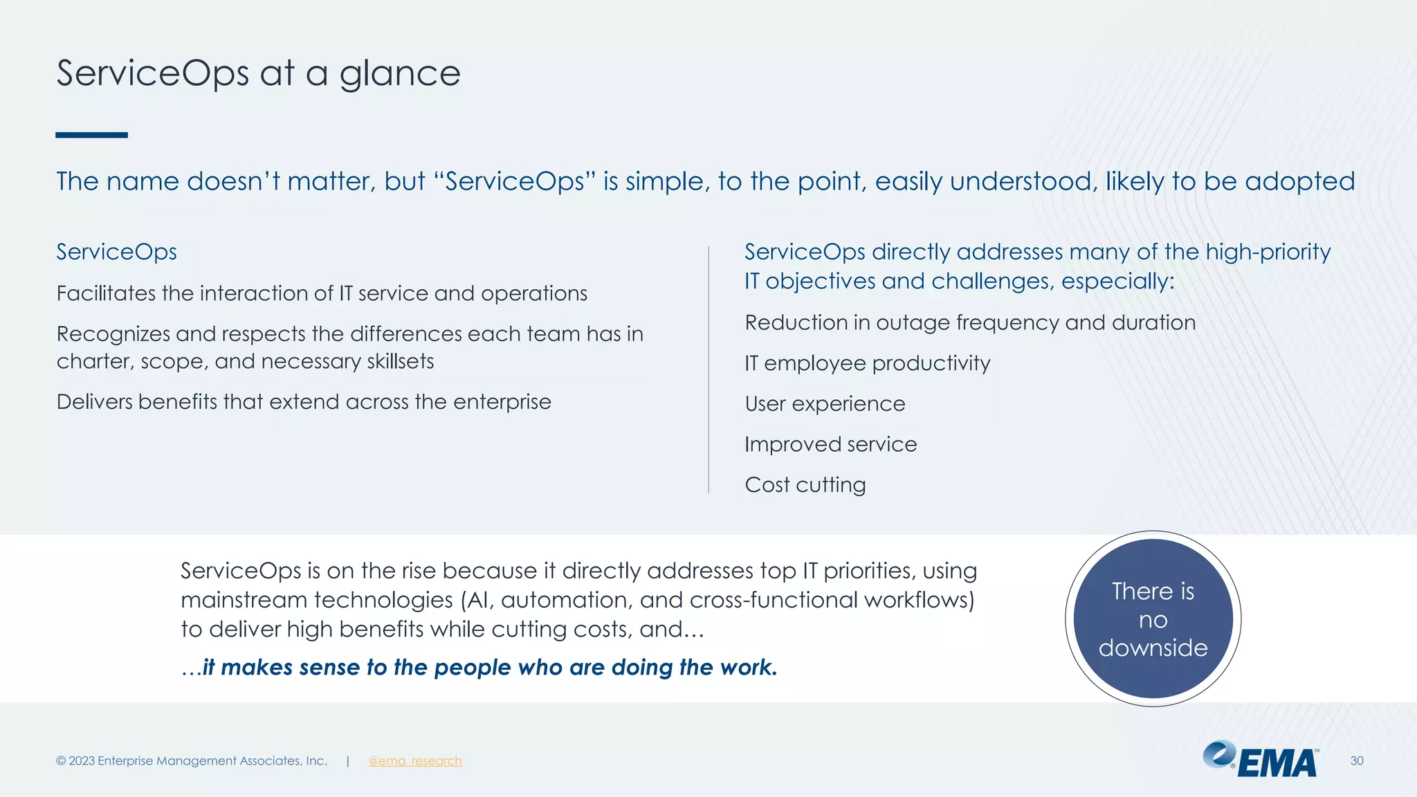 | @ema_research
| @ema_research
ServiceOps at a glance
© 2023 Enterprise Management Associates, Inc. 30
The name doesn’t matter, but “ServiceOps” is simple, to the point, easily understood, likely to be adopted
ServiceOps is on the rise because it directly addresses top IT priorities, using
mainstream technologies (AI, automation, and cross-functional workflows)
to deliver high benefits while cutting costs, and…
…it makes sense to the people who are doing the work.
ServiceOps
Facilitates the interaction of IT service and operations
Recognizes and respects the differences each team has in
charter, scope, and necessary skillsets
Delivers benefits that extend across the enterprise
ServiceOps directly addresses many of the high-priority
IT objectives and challenges, especially:
Reduction in outage frequency and duration
IT employee productivity
User experience
Improved service
Cost cutting
There is
no
downside
 