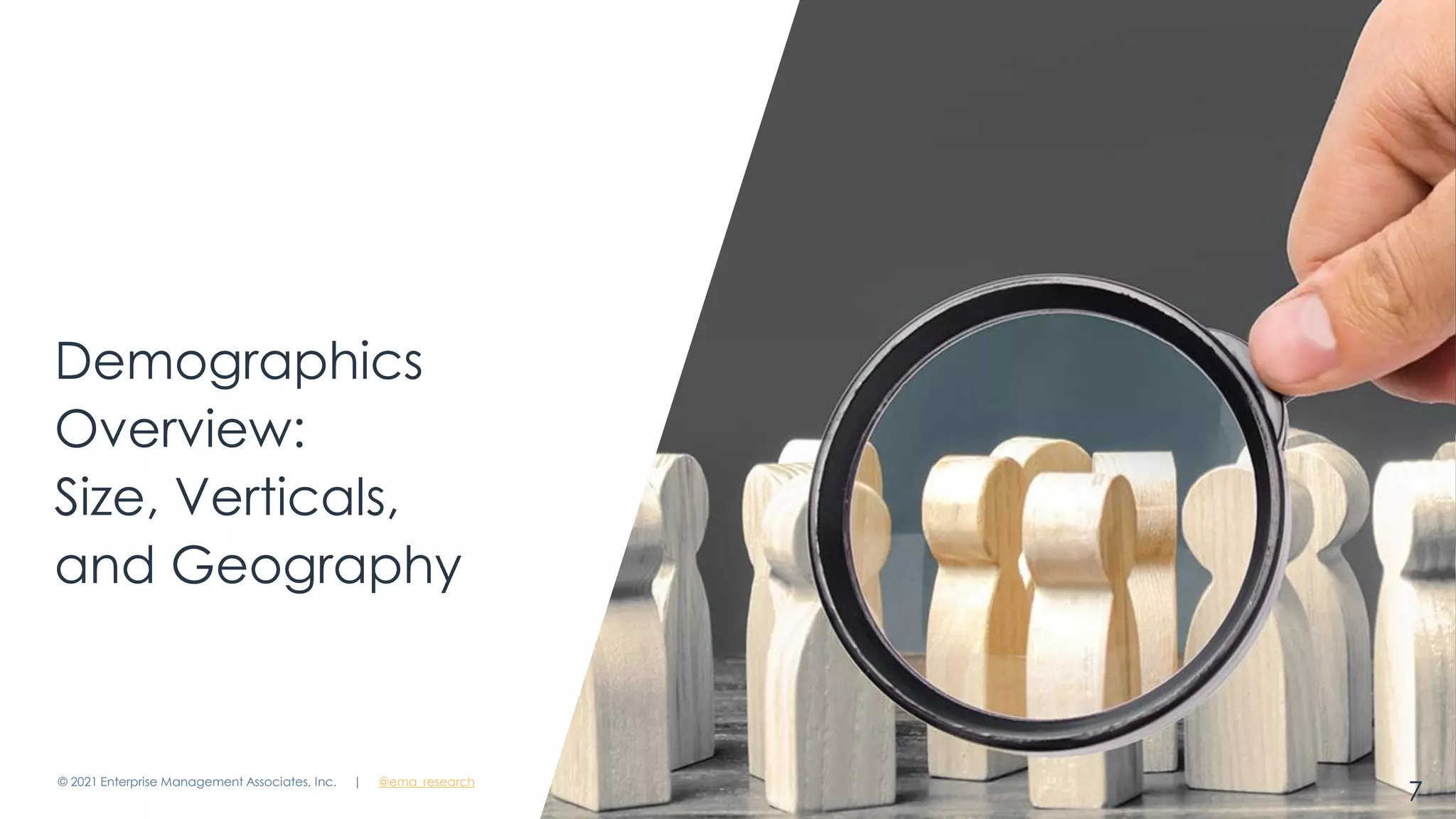 Demographics
Overview:
Size, Verticals,
and Geography
7
© 2021 Enterprise Management Associates, Inc. | @ema_research
 
