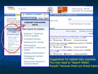 Suggestions for related topic searches. You may need to “Search Within Results” because these are broad topics. 