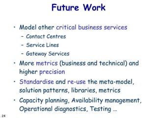 Future Work Model other  critical business services Contact Centres Service Lines Gateway Services More  metrics  (business and technical) and higher  precision Standardise  and  re-use  the meta-model, solution patterns, libraries, metrics Capacity planning, Availability management, Operational diagnostics, Testing … 