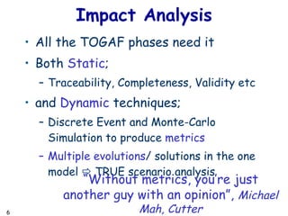 Impact Analysis All the TOGAF phases need it Both  Static ; Traceability, Completeness, Validity etc and  Dynamic  techniques; Discrete Event and Monte-Carlo Simulation to produce  metrics Multiple evolutions / solutions in the one model    TRUE scenario analysis “ Without metrics, you’re just another guy with an opinion”,  Michael Mah, Cutter 