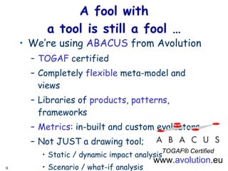 A fool with a tool is still a fool … We’re using  ABACUS  from Avolution TOGAF  certified Completely  flexible  meta-model and views Libraries of  products ,  patterns , frameworks  Metrics : in-built and custom evaluators Not JUST a drawing tool; Static / dynamic impact analysis Scenario / what-if analysis Trade-off analysis Comparative / “gap” analysis TOGAF® Certified www. avolution .eu 