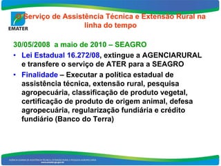 O Serviço de Assistência Técnica e Extensão Rural na
                   linha do tempo

30/05/2008 a maio de 2010 – SEAGRO
• Lei Estadual 16.272/08, extingue a AGENCIARURAL
  e transfere o serviço de ATER para a SEAGRO
• Finalidade – Executar a política estadual de
  assistência técnica, extensão rural, pesquisa
  agropecuária, classificação de produto vegetal,
  certificação de produto de origem animal, defesa
  agropecuária, regularização fundiária e crédito
  fundiário (Banco do Terra)
 