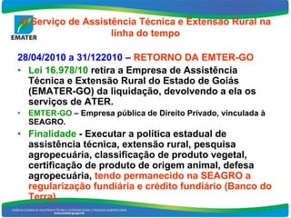 O Serviço de Assistência Técnica e Extensão Rural na
                   linha do tempo

28/04/2010 a 31/122010 – RETORNO DA EMTER-GO
• Lei 16.978/10 retira a Empresa de Assistência
  Técnica e Extensão Rural do Estado de Goiás
  (EMATER-GO) da liquidação, devolvendo a ela os
  serviços de ATER.
• EMTER-GO – Empresa pública de Direito Privado, vinculada à
  SEAGRO.
• Finalidade - Executar a política estadual de
  assistência técnica, extensão rural, pesquisa
  agropecuária, classificação de produto vegetal,
  certificação de produto de origem animal, defesa
  agropecuária, tendo permanecido na SEAGRO a
  regularização fundiária e crédito fundiário (Banco do
  Terra).
 