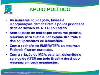 APOIO POLÍTICO

• As inúmeras liquidações, fusões e
  incorporações demonstram a pouca prioridade
  dada ao serviço de ATER no Estado.
• Necessidade de realização concurso público,
  recursos para custeio, renovação das frota e
  dos equipamentos de informática.
• Com a extinção da EMBRATER, os recursos
  Federais ficaram escassos.
• Com a criação do MDA, este tem defendido o
  serviço de ATER em todo Brasil e destinado
  recursos em seus orçamentos.
 