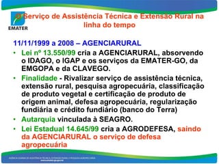 O Serviço de Assistência Técnica e Extensão Rural na
                   linha do tempo

11/11/1999 a 2008 – AGENCIARURAL
• Lei nº 13.550/99 cria a AGENCIARURAL, absorvendo
  o IDAGO, o IGAP e os serviços da EMATER-GO, da
  EMGOPA e da CLAVEGO.
• Finalidade - Rivalizar serviço de assistência técnica,
  extensão rural, pesquisa agropecuária, classificação
  de produto vegetal e certificação de produto de
  origem animal, defesa agropecuária, regularização
  fundiária e crédito fundiário (banco do Terra)
• Autarquia vinculada à SEAGRO.
• Lei Estadual 14.645/99 cria a AGRODEFESA, saindo
  da AGENCIARURAL o serviço de defesa
  agropecuária
 