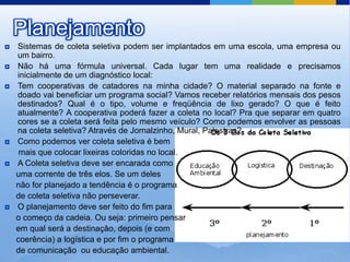 Planejamento
   Sistemas de coleta seletiva podem ser implantados em uma escola, uma empresa ou
    um bairro.
   Não há uma fórmula universal. Cada lugar tem uma realidade e precisamos
    inicialmente de um diagnóstico local:
   Tem cooperativas de catadores na minha cidade? O material separado na fonte e
    doado vai beneficiar um programa social? Vamos receber relatórios mensais dos pesos
    destinados? Qual é o tipo, volume e freqüência de lixo gerado? O que é feito
    atualmente? A cooperativa poderá fazer a coleta no local? Pra que separar em quatro
    cores se a coleta será feita pelo mesmo veículo? Como podemos envolver as pessoas
    na coleta seletiva? Através de Jornalzinho, Mural, Palestras?
   Como podemos ver coleta seletiva é bem
     mais que colocar lixeiras coloridas no local.
   A Coleta seletiva deve ser encarada como
    uma corrente de três elos. Se um deles
    não for planejado a tendência é o programa
    de coleta seletiva não perseverar.
   O planejamento deve ser feito do fim para
    o começo da cadeia. Ou seja: primeiro pensar
    em qual será a destinação, depois (e com
    coerência) a logística e por fim o programa
    de comunicação ou educação ambiental.
 
