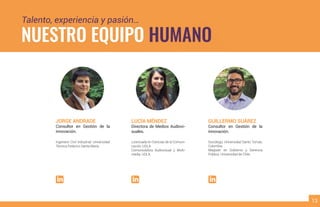 JORGE ANDRADE
Consultor en Gestión de la
innovación.
LUCÍA MÉNDEZ
Directora de Medios Audiovi-
suales.
GUILLERMO SUÁREZ
Consultor en Gestión de la
innovación.
Talento, experiencia y pasión…
NUESTRO EQUIPO HUMANO
13
Ingeniero Civil Industrial, Universidad
Técnica Federico Santa María.
Licenciada en Ciencias de la Comuni-
cación, UDLA.
Comunicadora Audiovisual y Multi-
media, UDLA.
Sociólogo, Universidad Santo Tomás,
Colombia.
Magister en Gobierno y Gerencia
Pública. Universidad de Chile.
ww.linkedin.com/in/jorgeandradegonz/ https://www.linkedin.com/in/lumendezp/ https://www.linkedin.com/in/guillermosuarezv/
 