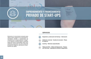 Generamos el conocimiento necesario para
valorar nuevos negocios en el mercado, de-
sarrollando estudios y fortaleciendo las
competencias en emprendedores. El objeti-
vo es asesorar y brindar apoyo en distintas
etapas del camino emprendedor, tales como
mentoring, preparación de pitch, desarrollo
de planes de negocios, valorización y levan-
tamiento de capital.
EMPRENDIMIENTO Y FINANCIAMIENTO
PRIVADO DE START-UPS
SERVICIOS
20
Diagnóstico y valorización de Startups - Valorización.
Validación comercial - Estudios de mercado - Planes
de negocios.
Coaching - Mentorías especializadas.
Talleres de Pitch - Talleres de Negociación - Prepara-
ción Pitch Deck - Materiales de Inversión y Negociación.
 