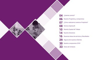 04
06
07
08
10
14
16
29
30
33
¿Quiénes somos?
Nuestro Propósito y compromiso
¿Cómo realizamos nuestros Propósito?
Somos empresa B
Nuestro Equipo de Trabajo
Nuestro Directorio
Nuestras áreas de servicios y Resultados
Algunos de nuestros Clientes
Nuestro compromiso 2018
Datos de Contacto
 