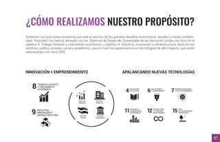 INNOVACIÓN + EMPRENDIMIENTO
SECTOR
SOCIAL
APALANCANDO NUEVAS TECNOLOGÍAS
SECTOR
PRIVADO
SECTOR
PÚBLICO
SECTOR
ACADÉMICO
TRABAJO DECENTE
Y CRECIMIENTO
ECONÓMICO
8
INDUSTRIA,
INNOVACIÓN E
INFRAESTRUCTURA
9
EDUCACIÓN
DE CALIDAD4 AGUA LIMPIA
Y SANEAMIENTO6 ENERGÍA ASEQUIBLE
Y NO CONTAMINANTE7
CIUDADES Y
COMUNIDADES
SOSTENIBLES
11 PRODUCCIÓN
Y CONSUMO
RESPONSABLE
12 VIDA
DE ECOSISTEMAS
TERRESTRES
15
¿CÓMO REALIZAMOS NUESTRO PROPÓSITO?
Soñamos con una nueva economía que esté al servicio de los grandes desafíos económicos, sociales y medio-ambien-
tales. Para esto nos hemos alineado con los Objetivos de Desarrollo Sustentable de las Naciones Unidas con foco en el
objetivo 8: Trabajo Decente y crecimiento económico, y objetivo 9: Industria, Innovación e Infraestructura, tanto en los
sectores, público, privado, social y académico, para lo cual nos apalancamos en tecnologías de alto impacto, que están
relacionadas con otros ODS.
07
 