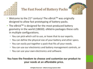 All Rights Reserved – eMatrix Energy Systems 2016All Rights Reserved – eMatrix Energy Systems 2016
• Welcome to the 21st century! The eBrickTM was originally
designed to allow fast prototyping of battery packs.
• The eBrickTM is designed for the most-produced battery
geometry in the world (18650). eMatrix packages these cells
in multiple configurations.
• You can pick which cell to use, or leave that to our experts.
• You can define the physical size of your battery and other specs.
• You can easily put together a pack that fits all your needs.
• You can use our electronics and battery management controls, or
• You can use your own electronics and software.
You have the freedom to choose and customize our product to
your needs at an affordable price.
TheFastFoodofBatteryPacks
 