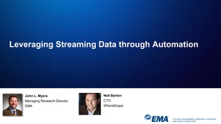 IT & DATA MANAGEMENT RESEARCH, INDUSTRY
ANALYSIS & CONSULTING
Leveraging Streaming Data through Automation
John L. Myers
Managing Research Director
EMA
Neil Barton
CTO
WhereScape
 