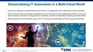 IT & DATA MANAGEMENT RESEARCH,
INDUSTRY ANALYSIS & CONSULTING
Democratizing IT Automation in a Multi-Cloud World
Slide 4 © 2021 Enterprise Management Associates, Inc.
• This study is designed to understand the human factors in managing WLA and in addressing broader automation
• Topics include the type of workloads orchestrated by WLA, the users and other stakeholders of WLA, the impact of
cloud computing, how teams managing WLA are organized, and other characteristics impacting automation efforts.
• EMA conducted an email invite web survey of 412 IT and business stakeholders of WLA during December 2020
 