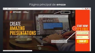 Página principal de emaze 
Menú para cambio de idioma 
Inicio de sesión 
 