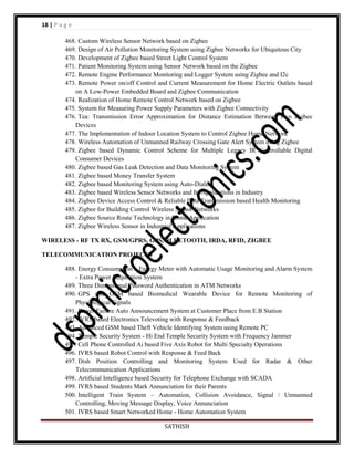 18 | P a g e
468. Custom Wireless Sensor Network based on Zigbee
469. Design of Air Pollution Monitoring System using Zigbee Networks for Ubiquitous City
470. Development of Zigbee based Street Light Control System
471. Patient Monitoring System using Sensor Network based on the Zigbee
472. Remote Engine Performance Monitoring and Logger System using Zigbee and I2c
473. Remote Power on/off Control and Current Measurement for Home Electric Outlets based
on A Low-Power Embedded Board and Zigbee Communication
474. Realization of Home Remote Control Network based on Zigbee
475. System for Measuring Power Supply Parameters with Zigbee Connectivity
476. Tea: Transmission Error Approximation for Distance Estimation Between Two Zigbee
Devices
477. The Implementation of Indoor Location System to Control Zigbee Home Network
478. Wireless Automation of Unmanned Railway Crossing Gate Alert System using Zigbee
479. Zigbee based Dynamic Control Scheme for Multiple Legacy IR Controllable Digital
Consumer Devices
480. Zigbee based Gas Leak Detection and Data Monitoring System
481. Zigbee based Money Transfer System
482. Zigbee based Monitoring System using Auto-Dialer
483. Zigbee based Wireless Sensor Networks and Its Applications in Industry
484. Zigbee Device Access Control & Reliable Data Transmission based Health Monitoring
485. Zigbee for Building Control Wireless Sensor Networks
486. Zigbee Source Route Technology in Home Application
487. Zigbee Wireless Sensor in Industrial Applications
WIRELESS - RF TX RX, GSM/GPRS, GPS, BLUETOOTH, IRDA, RFID, ZIGBEE
TELECOMMUNICATION PROJECTS
488. Energy Consumption – Energy Meter with Automatic Usage Monitoring and Alarm System
- Extra Power Requisition System
489. Three Dimensional Password Authentication in ATM Networks
490. GPS and GSM based Biomedical Wearable Device for Remote Monitoring of
Physiological Signals
491. Power Failure Auto Announcement System at Customer Place from E.B Station
492. IVRS based Electronics Televoting with Response & Feedback
493. Advanced GSM based Theft Vehicle Identifying System using Remote PC
494. Temple Security System - Hi End Temple Security System with Frequency Jammer
495. Cell Phone Controlled Ai based Five Axis Robot for Multi Specialty Operations
496. IVRS based Robot Control with Response & Feed Back
497. Dish Position Controlling and Monitoring System Used for Radar & Other
Telecommunication Applications
498. Artificial Intelligence based Security for Telephone Exchange with SCADA
499. IVRS based Students Mark Annunciation for their Parents
500. Intelligent Train System – Automation, Collision Avoidance, Signal / Unmanned
Controlling, Moving Message Display, Voice Annunciation
501. IVRS based Smart Networked Home - Home Automation System
SATHISH

 