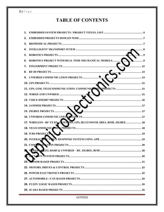 2|Page

TABLE OF CONTENTS
1. EMBEDDED SYSTEM PROJECTS / PROJECT TITLES, LIST........................................................ 4
2. EMBEDDED PROJECTS DOMAIN WISE .......................................................................................... 7
3. BIOMEDICAL PROJECTS................................................................................................................... 7
4. INTELLIGENT TRANSPORT SYTEM ............................................................................................... 8
5. ROBOTICS PROJECTS ........................................................................................................................ 9
6. ROBOTICS PROJECT WITH REAL TIME MECHANICAL MODELS ........................................... 9
7. FINGERPRINT PROJECTS ............................................................................................................... 12
8. RF-ID PROJECTS ............................................................................................................................... 13
9. UNWIRED COMMUNICATION PROJECTS ................................................................................... 13
10. GPS PROJECTS .................................................................................................................................. 15
11. GPS, GSM, TELECOMMUNICATION, COMMUNICATION PROJECTS .................................... 15
12. WIRED AND UNWIRED .................................................................................................................... 15
13. VOICE-HM2007 PROJECTS .............................................................................................................. 16
14. JAMMER PROJECTS ......................................................................................................................... 17
15. ZIGBEE PROJECTS ........................................................................................................................... 17
16. UNWIRED COMMUNICATION PROJECTS ................................................................................... 17
17. WIRELESS - RF TX RX, GSM/GPRS, GPS, BLUETOOTH, IRDA, RFID, ZIGBEE ...................... 18
18. TELECOMMUNICATION PROJECTS ............................................................................................. 18
19. IVRS PROJECTS ................................................................................................................................. 19
20. INTERACTIVE VOICE RESPONSE SYSTEM USING APR ........................................................... 19
21. COMMUNICATION PROJECTS ....................................................................................................... 20
22. WIRED – RS232, RS485 & UNWIRED – RF, ZIGBEE, RFID .......................................................... 20
23. SECURITY SYSTEM PROJECTS ...................................................................................................... 20
24. SENSOR BASED PROJECTS ............................................................................................................. 21
25. MOTORS, DRIVES & CONTROL PROJECTS................................................................................. 22
26. POWER ELECTRONICS PROJECTS ............................................................................................... 22
27. AUTOMOBILE / CAN BASED PROJECTS....................................................................................... 24
28. FUZZY LOGIC BASED PROJECTS .................................................................................................. 24
29. SCADA BASED PROJECTS ............................................................................................................... 25
SATHISH

 