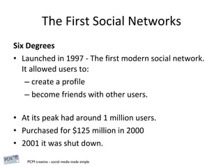 The First Social Networks Six Degrees Launched in 1997 - The first modern social network. It allowed users to: create a profile become friends with other users. At its peak had around 1 million users. Purchased for $125 million in 2000 2001 it was shut down. 