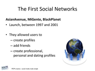 The First Social Networks AsianAvenue, MiGente, BlackPlanet Launch, between 1997 and 2001 They allowed users to  create profiles add friends create professional,  personal and dating profiles 