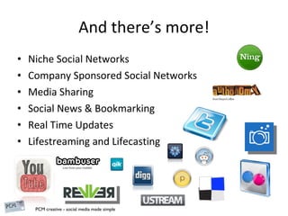 And there’s more! Niche Social Networks Company Sponsored Social Networks Media Sharing Social News & Bookmarking Real Time Updates Lifestreaming and Lifecasting 