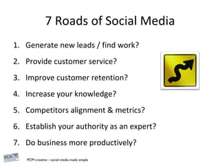 7 Roads of Social Media Generate new leads / find work?  Provide customer service?  Improve customer retention?  Increase your knowledge?  Competitors alignment & metrics?  Establish your authority as an expert? Do business more productively? 