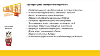 Электронный
маркетинг
Примеры целей электронного маркетинга:
• Сократить время на обслуживание текущих клиентов
• Выявление неэффективных рекламных каналов
• Анализ жизненного цикла клиентов
• Проведение маркетинговых исследований
• Контроль эффективности отдела продаж
• Тестирование новых рекламных возможностей
• Генерация первичных обращений в компанию
• Генерация повторных обращений в компанию
• Поиск новых регионов для сбыта
• Привлечение новых дилеров
• Повышение эффективности работы текущих дилеров
 