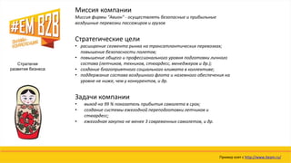 Стратегия
развития бизнеса
Миссия компании
Миссия фирмы "Авион" - осуществлять безопасные и прибыльные
воздушные перевозки пассажиров и грузов
Стратегические цели
• расширение сегмента рынка на трансатлантических перевозках;
повышение безопасности полетов;
• повышение общего и профессионального уровня подготовки личного
состава (летчиков, техников, стюардесс, менеджеров и др.);
• создание благоприятного социального климата в коллективе;
• поддержание состава воздушного флота и наземного обеспечения на
уровне не ниже, чем у конкурентов, и др.
Задачи компании
• выход на 99 % показатель прибытия самолета в срок;
• создание системы ежегодной переподготовки летчиков и
стюардесс;
• ежегодная закупка не менее 3 современных самолетов, и др.
Пример взят с http://www.iteam.ru/
 