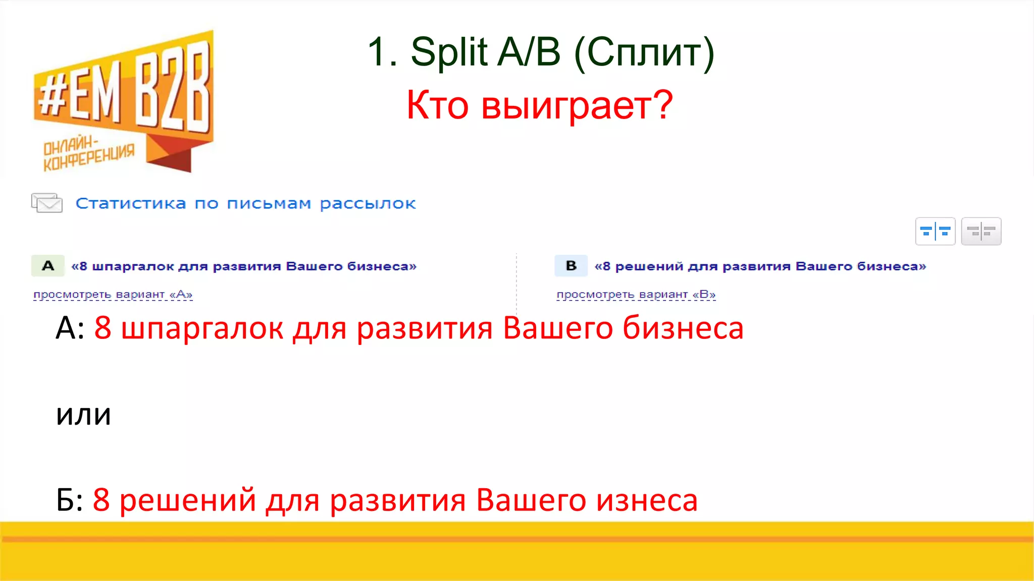 1. Split A/B (Сплит)
Кто выиграет?
А: 8 шпаргалок для развития Вашего бизнеса
или
Б: 8 решений для развития Вашего изнеса
 