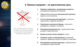 2. Прямые продажи – не единственная цель
1.
2.

Эффективная реализация региональной стратегии прирост за счет регионов

3.

Выборка дополнительной аудитории - неполные
пересечения с оффлайн рекламой

4.
Нет никакой воронки продаж
на сайте, про которую красиво
рассказывают начинающие
Интернет-маркетологи

Переход к маркетингу, основанному на данных расширенные измерения в Интернете

Укрепление компонентов бренда - лояльность,
узнаваемость, доверие, отношение

5.

Расширение дилерской сети - привлечение новых
дилеров / представителей

6.

Вывод на рынок нового продукта / услуги

7.

Снижение затрат на обслуживание и удержание
клиентов - временные затраты на работу с клиентами

8.

Исследования целевой аудитории - маркетинговые
исследования через Интернет

 