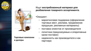 Ищут востребованный материал для
разбавления товарного ассортимента.
•Ожидают:
- маркетинговая поддержка (оформление
торговых мест, реклама, продвижение
продукции, рекламные материалы)
- поставка клиентов от производителя
- логистика (предсказуемые и оперативные
сроки поставок)
Торговые компании
- надежность как производителя и как
и дилеры
партнера

 