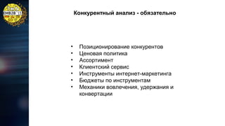 Конкурентный анализ - обязательно

•
•
•
•
•
•
•

Позиционирование конкурентов
Ценовая политика
Ассортимент
Клиентский сервис
Инструменты интернет-маркетинга
Бюджеты по инструментам
Механики вовлечения, удержания и
конвертации

 