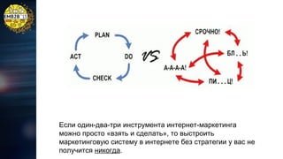 Если один-два-три инструмента интернет-маркетинга
можно просто «взять и сделать», то выстроить
маркетинговую систему в интернете без стратегии у вас не
получится никогда.

 