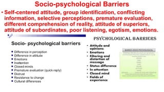 Socio-psychological Barriers
• Self-centered attitude, group identification, conflicting
information, selective perceptions, premature evaluation,
different comprehension of reality, attitude of superiors,
attitude of subordinates, poor listening, egotism, emotions.
 