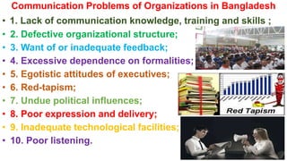 Communication Problems of Organizations in Bangladesh
• 1. Lack of communication knowledge, training and skills ;
• 2. Defective organizational structure;
• 3. Want of or inadequate feedback;
• 4. Excessive dependence on formalities;
• 5. Egotistic attitudes of executives;
• 6. Red-tapism;
• 7. Undue political influences;
• 8. Poor expression and delivery;
• 9. Inadequate technological facilities;
• 10. Poor listening.
 
