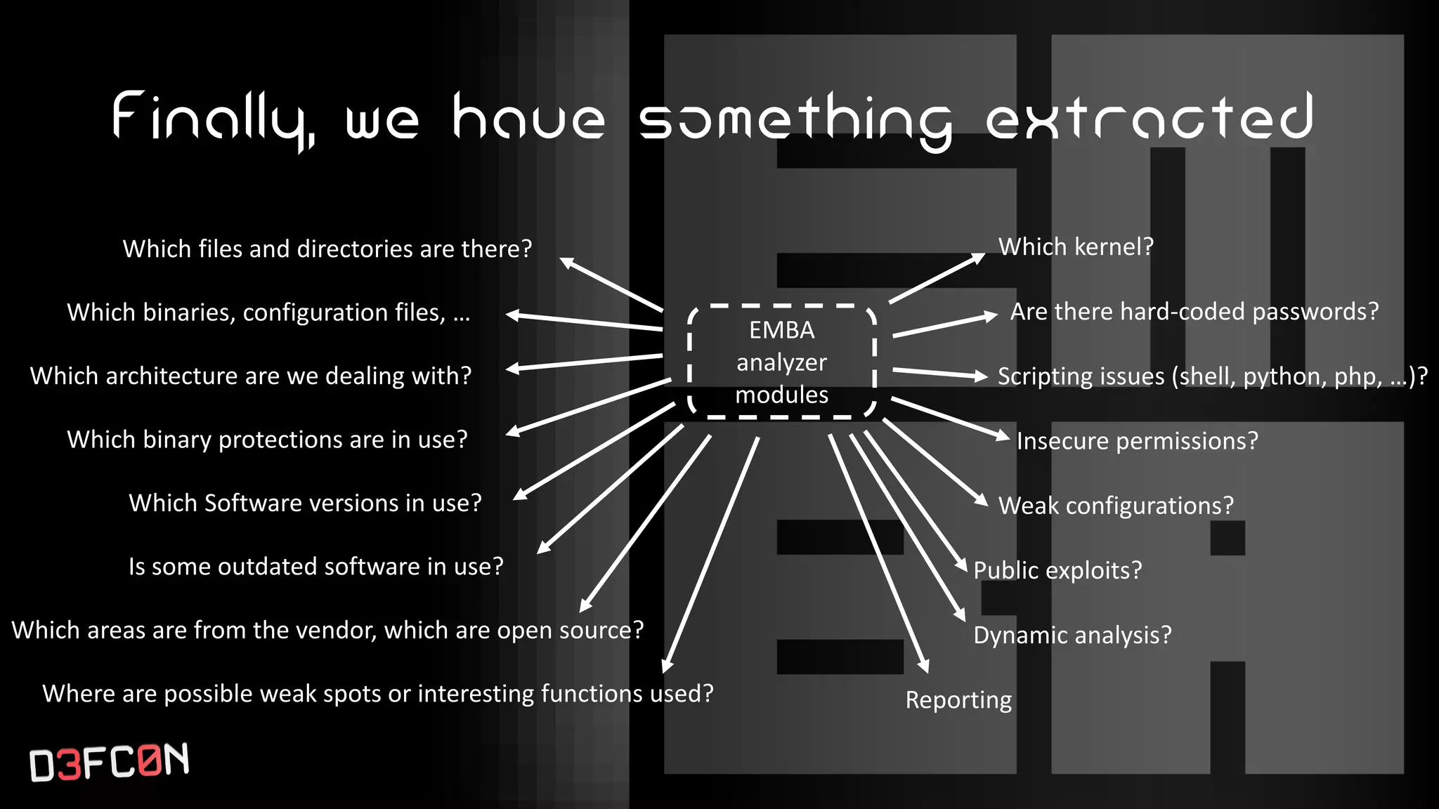 Finally, we have something extracted
Which files and directories are there?
Which binaries, configuration files, …
Which architecture are we dealing with?
Which binary protections are in use?
Which Software versions in use?
Is some outdated software in use?
Which areas are from the vendor, which are open source?
Where are possible weak spots or interesting functions used?
Which kernel?
Are there hard-coded passwords?
Scripting issues (shell, python, php, …)?
Insecure permissions?
Weak configurations?
Public exploits?
Dynamic analysis?
Reporting
EMBA
analyzer
modules
 