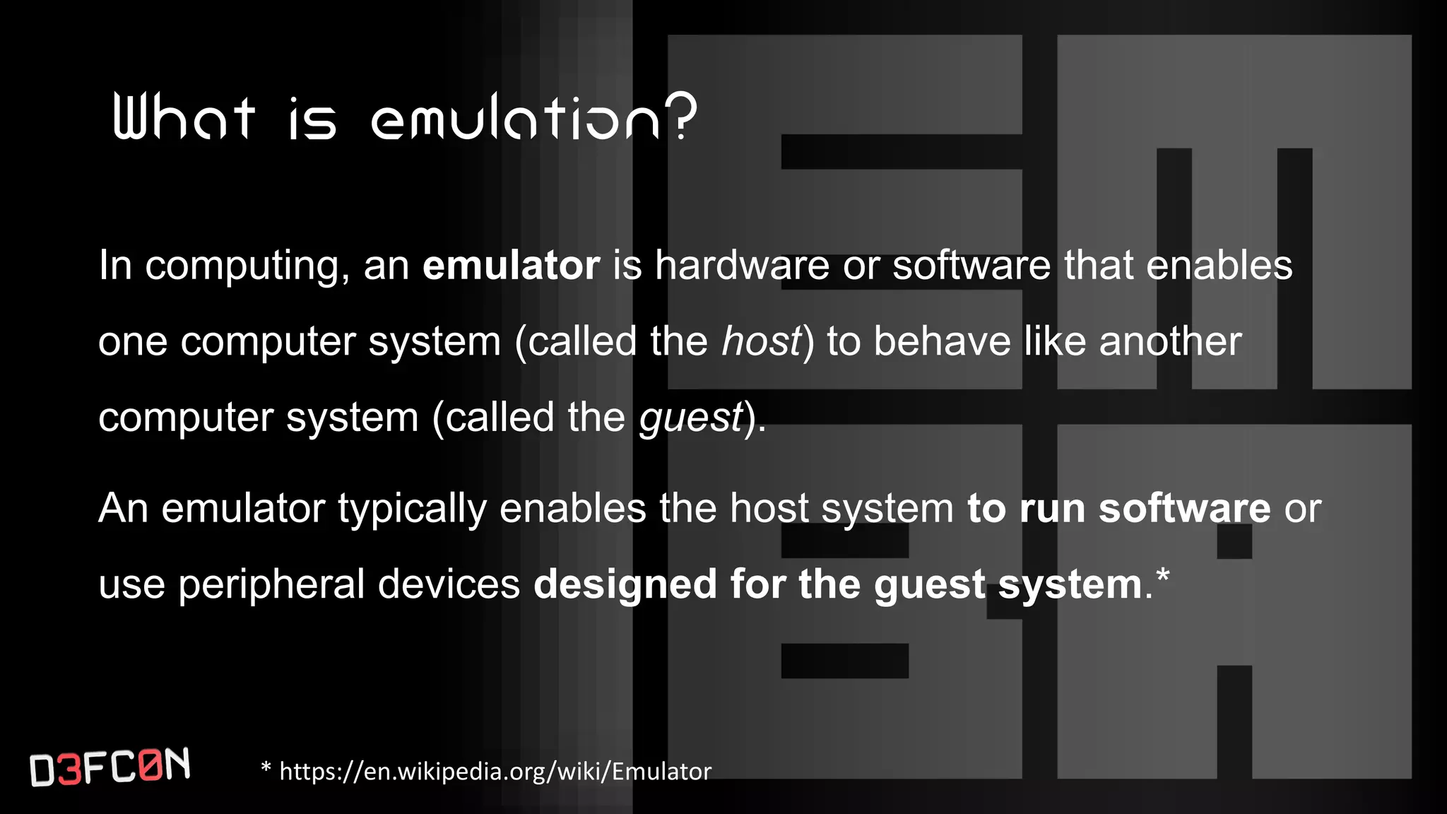 What is emulation?
In computing, an emulator is hardware or software that enables
one computer system (called the host) to behave like another
computer system (called the guest).
An emulator typically enables the host system to run software or
use peripheral devices designed for the guest system.*
* https://en.wikipedia.org/wiki/Emulator
 