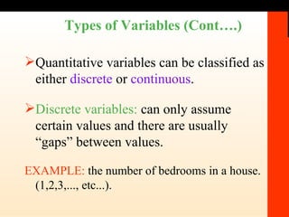 Types of Variables (Cont….) Quantitative variables can be classified as either  discrete  or  continuous . Discrete variables:  can only assume certain values and there are usually “gaps” between values. EXAMPLE:  the number of bedrooms in a house. (1,2,3,..., etc...). 