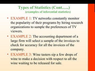 Types of Statistics (Cont…..)   (examples of inferential statistics) EXAMPLE 1:   TV networks constantly monitor the popularity of their programs by hiring research organizations to sample the preferences of TV viewers. EXAMPLE 2:   The accounting department of a large firm will select a sample of the invoices to check for accuracy for all the invoices of the company. EXAMPLE 3:   Wine tasters sip a few drops of wine to make a decision with respect to all the wine waiting to be released for sale.  