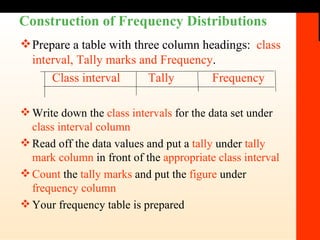 Construction of Frequency Distributions Prepare a table with three column headings:  class interval, Tally marks and Frequency . Class interval Tally Frequency Write down the  class intervals  for the data set under  class interval column Read off the data values and put a  tally  under  tally mark column  in front of the  appropriate class interval Count  the  tally marks  and put the  figure  under  frequency column Your frequency table is prepared 