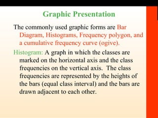 Graphic Presentation The commonly used graphic forms are  Bar Diagram, Histograms, Frequency polygon, and a cumulative frequency curve (ogive). Histogram:  A graph in which the classes are marked on the horizontal axis and the class frequencies on the vertical axis.  The class frequencies are represented by the heights of the bars (equal class interval) and the bars are drawn adjacent to each other. 