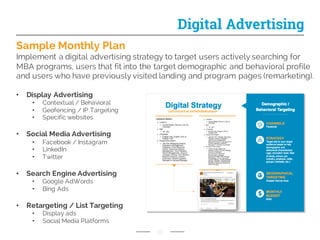 Sample Monthly Plan
Implement a digital advertising strategy to target users actively searching for
MBA programs, users that fit into the target demographic and behavioral profile
and users who have previously visited landing and program pages (remarketing).
• Display Advertising
• Contextual / Behavioral
• Geofencing / IP Targeting
• Specific websites
• Social Media Advertising
• Facebook / Instagram
• LinkedIn
• Twitter
• Search Engine Advertising
• Google AdWords
• Bing Ads
• Retargeting / List Targeting
• Display ads
• Social Media Platforms
10
Digital Advertising
 